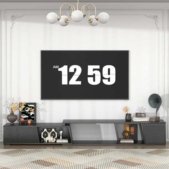 Lumiinofami Extendable TV Stand for 110" TVs, Modern TV Media Console with Storage and Shelves, Living Room Reversible Entertainment Center, Black