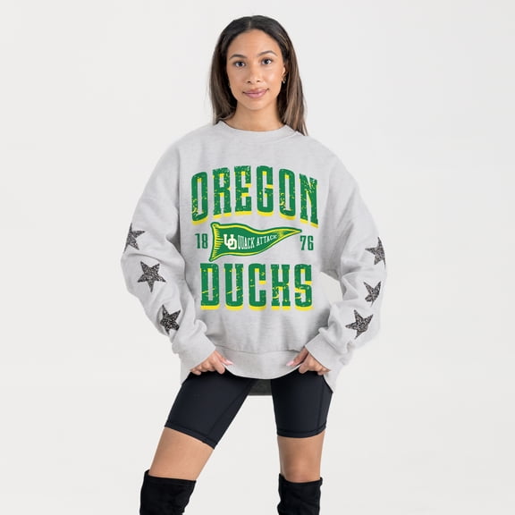 Women's Gameday Couture Ash Oregon Ducks Oversized Pennant Pride Rhinestone Star Sleeve Sweatshirt