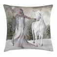 thumbnail image 1 of Horse Throw Pillow Cushion Cover, Mace Holding White Haired Elf Girl Walking Barefoot in Snow Forest with Horse, Decorative Square Accent Pillow Case, 24 X 24 Inches, Coconut and Dust, by Ambesonne, 1 of 2
