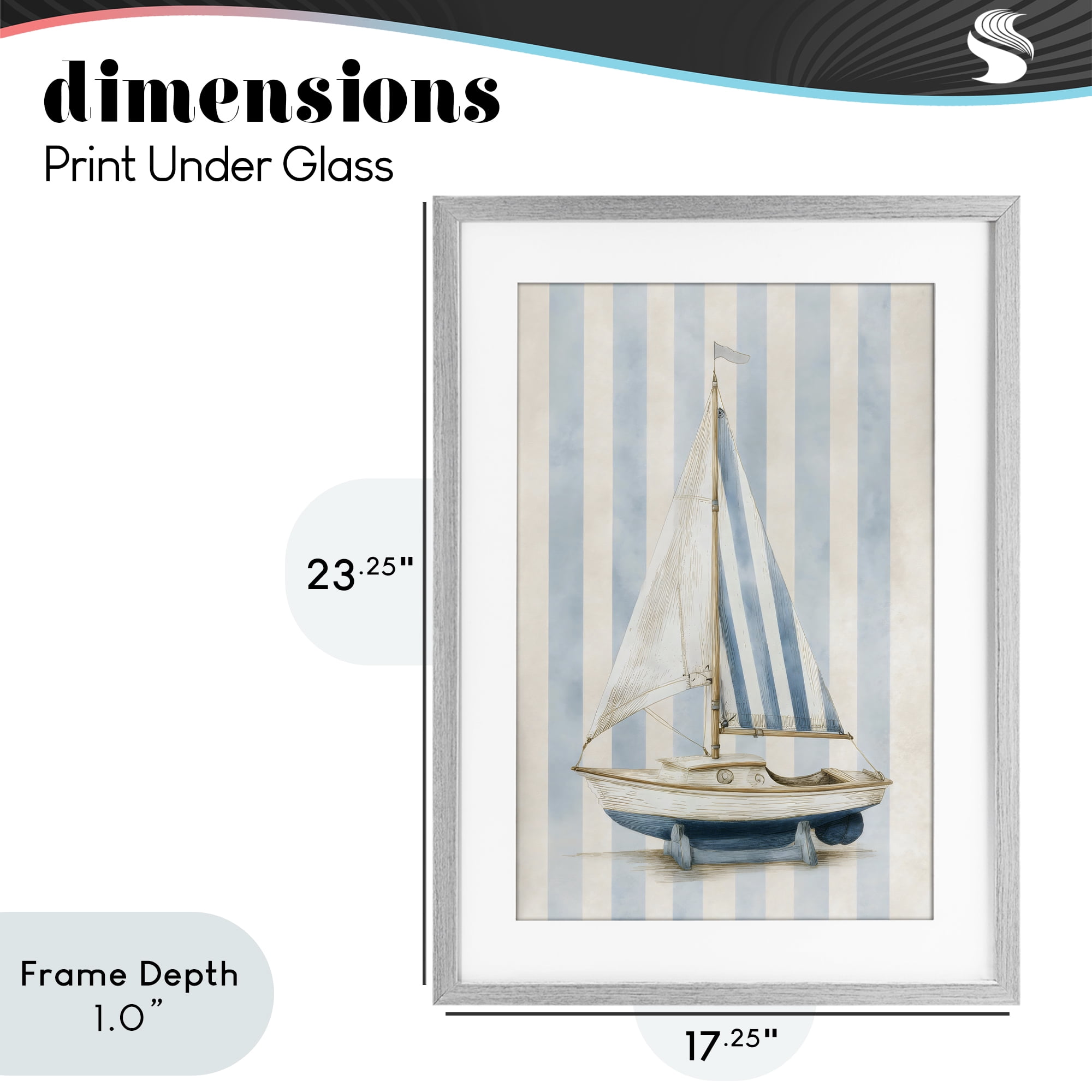 Stupell Industries Seaside Stripes Sailboat Gray Framed Print Under Glass, design by Petal Prints Design