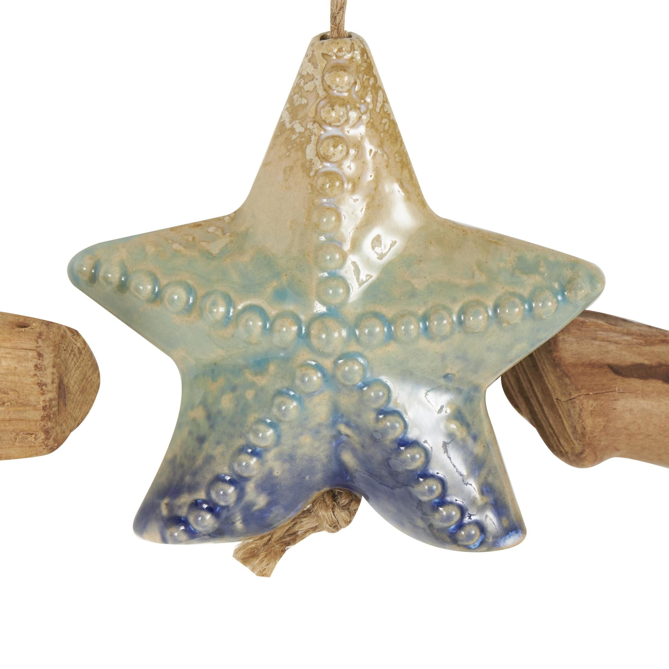 DecMode 41" Blue Ceramic Ombre Starfish Windchime with Driftwood and Hanging Starfish Accents
