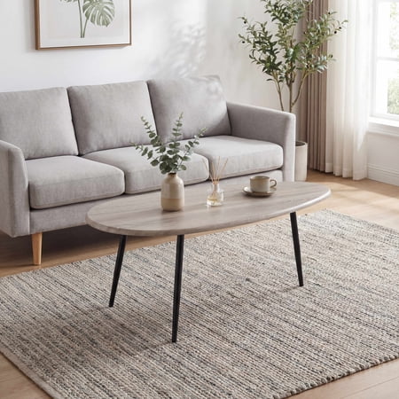 ELLEGNT Oval Coffee Table,Mid-Century Modern Center Table with Sturdy Metal Frame, Compact Retro Sofa Table for Living Room