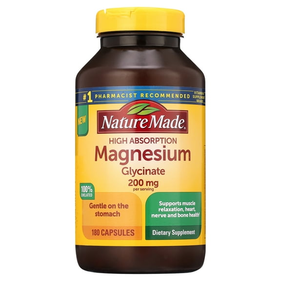 Nature Made High Absorption Magnesium Glycinate 200 mg, Supports Muscle Relaxation, Heart, Nerve, and Bone Health, 180 Capsules