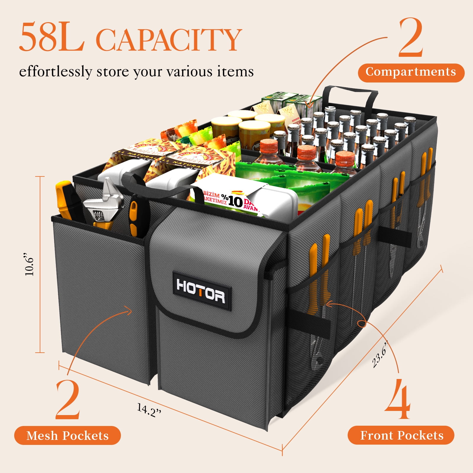 HOTOR Trunk Organizer for Car and SUV - Large-Capacity Car Organizer with Multiple Compartments, Foldable Car Organization for Car Accessories, Tools, Sundries, Gray