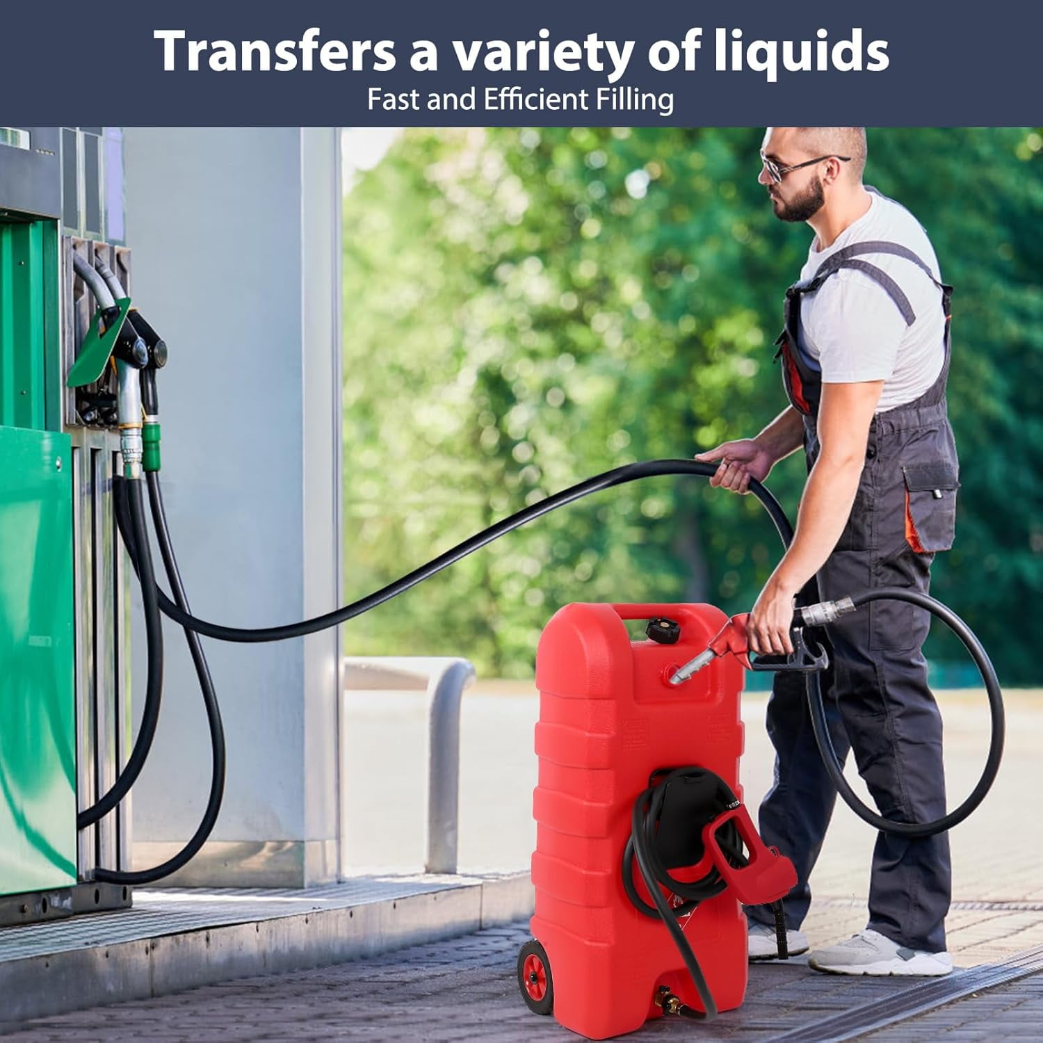 Riedhoff 15.06 Gallon Portable Gas Can, Fluid Transfer Siphon Pump & 10' Delivery Hose, Red