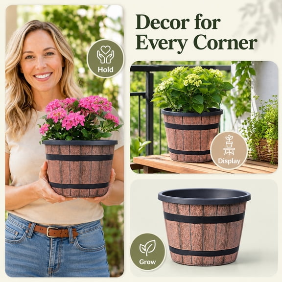 10 Inch Plant Pots,Whiskey Barrel Planters with Drainage Holes & Saucer, Plastic Decoration Flower Pots Imitation Wine Barrel Design, for Indoor & Outdoor Garden Home Plants