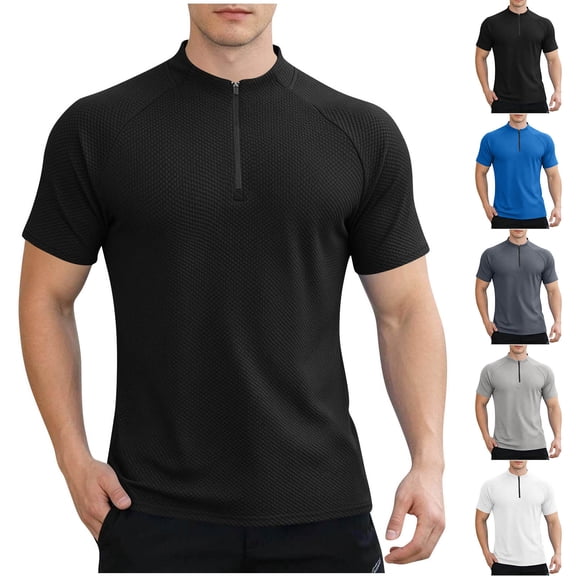 Men's Casual Stand Collar Short Sleeve Half Zip Shirt Tops, Cooling Quick Dry Fitness Workout T-Shirt, Solid Color Athletic Training Gear, Breathable Summer Beach Running