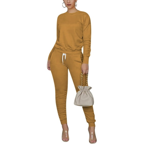 Gureui Women's Casual 2Pcs Homewear Outfits,Long Sleeve Round Neck Blouse and Long Trousers with Pocket Solid Slim-fit Tracksuit Leisure Wear