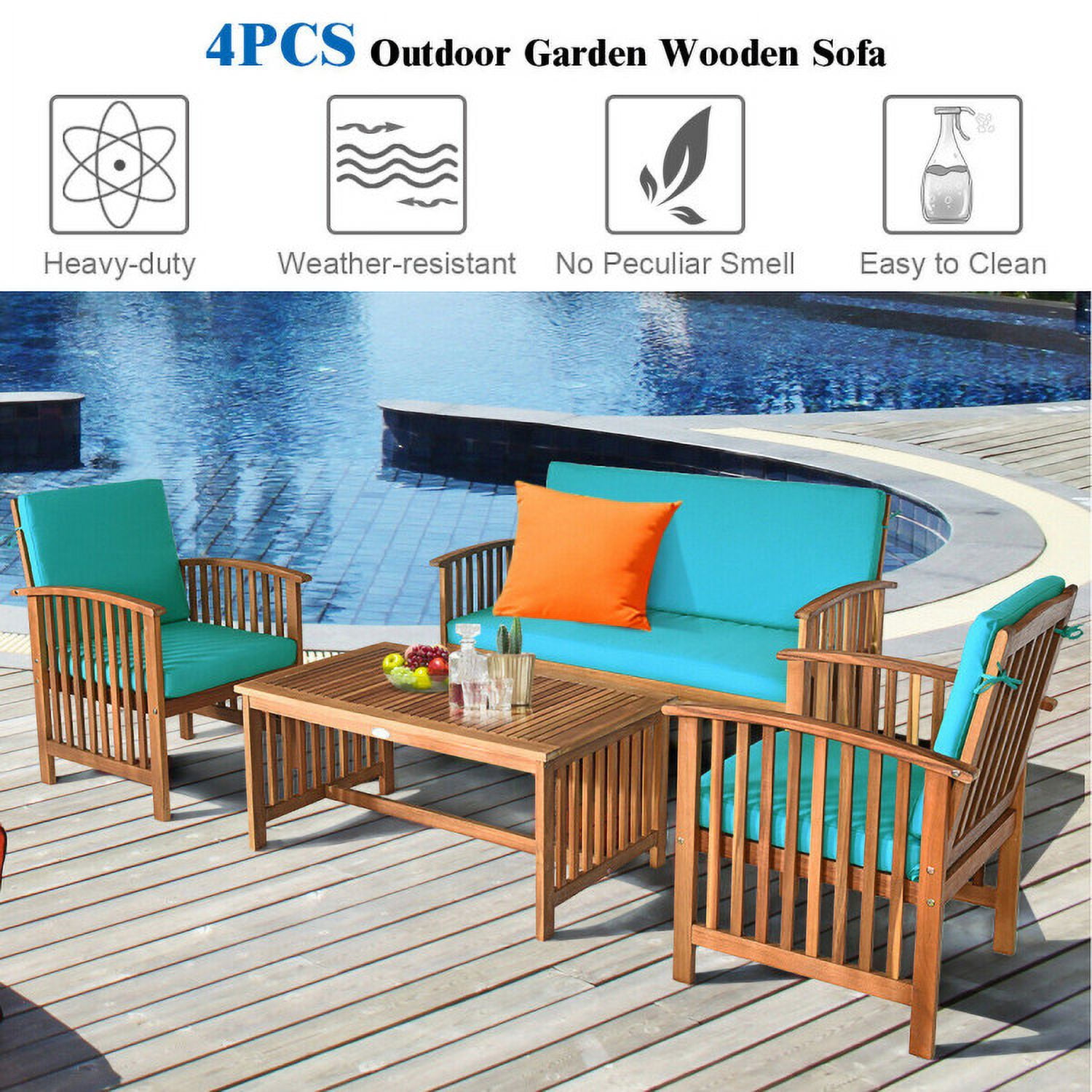 Aimee Lii 4 Pieces Patio Solid Wood Furniture Set, Outdoor Patio Furniture, Blue Aimee Lii 4 Pieces Patio Solid Wood Furniture Set, Outdoor Patio Furniture, Blue