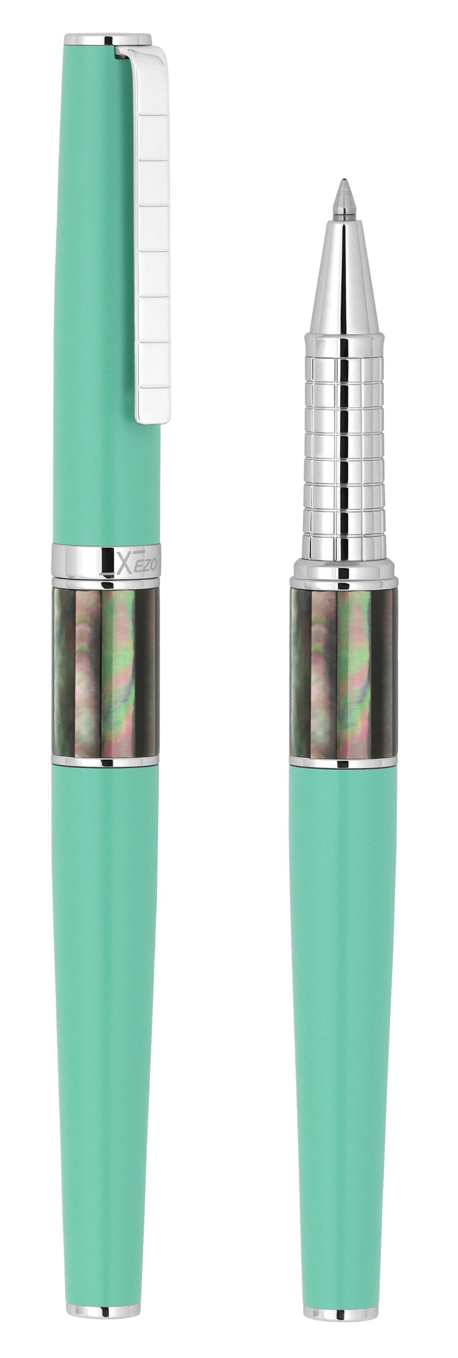 Xezo Speedmaster® Aqua Green Brass Rollerball Pen - With Tahitian Black Mother of Pearl