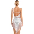thumbnail image 3 of DPOIS Women Mesh Patchwork Sequins Fringe Bodysuit Jazz Leotard Costume White L, 3 of 7
