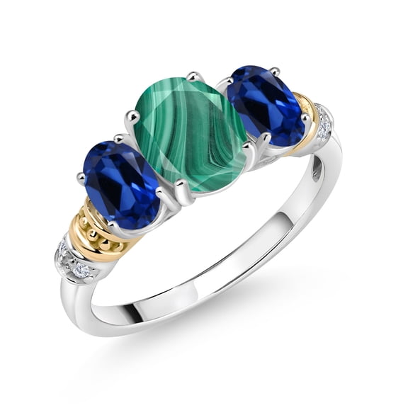 Gem Stone King 925 Sterling Silver and 10K Yellow Gold Oval Green Malachite Blue Created Sapphire and White Diamond 3 Stone Ring for Women (3.23 Cttw, Gemstone Birthstone, Size 9)
