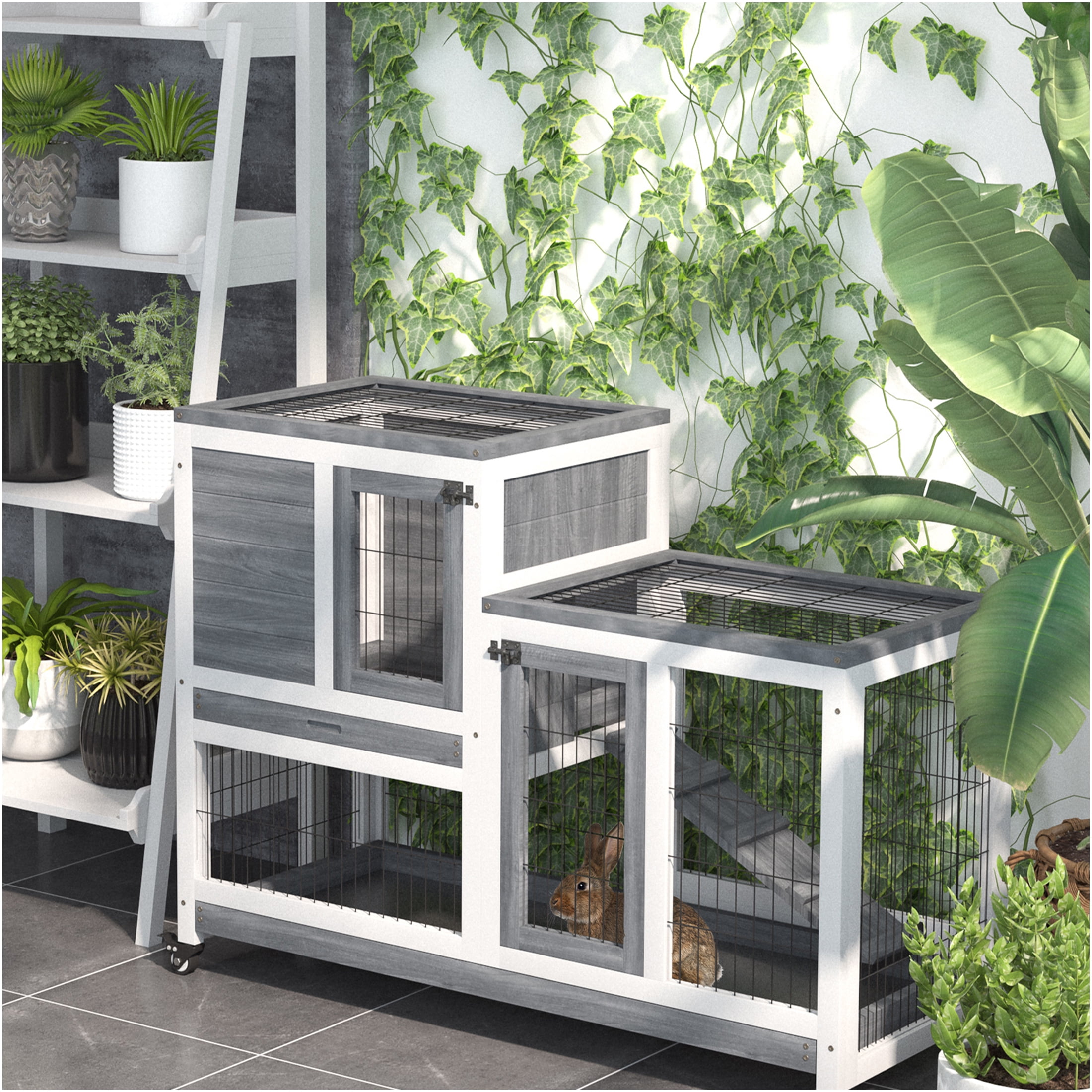 JERFIT Elevated Wooden Rabbit Hutch with Outdoor Run, Wheels & Ramp, Grey Indoor Bunny Cage for Rabbits, Guinea Pigs, Small Animals