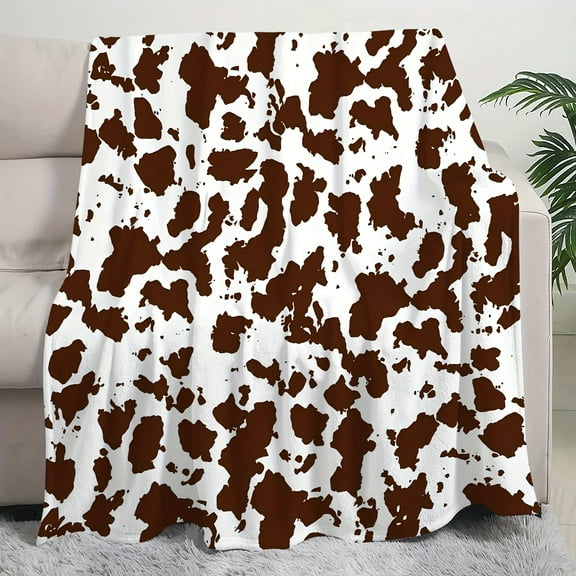 Luxurious Brown and White Cow Print Fleece Blanket - Soft, Warm Flannel Throw for Bed, Chair, Car, Sofa, Office Nap, Travel, Hiking, and Camping - Modern Style