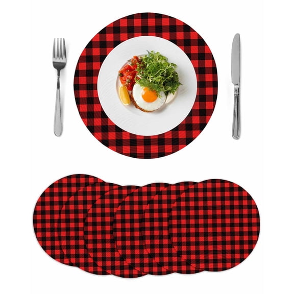 Black Red Plaid Round 15 Inch Placemats Set of 6, Vintage Rustic Buffalo Checked Gingham HeatResistant Non Slip Place Mats for Dining Table, Wipeable Braided Kitchen Table Mats for Housewarming