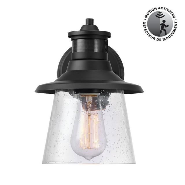 1-Light Matte Black Motion Sensor Outdoor Wall Sconce with Clear Seeded Glass Shade