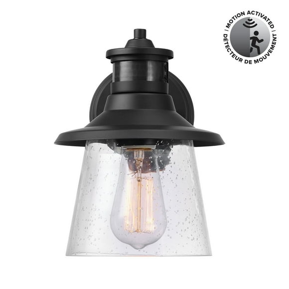 1-Light Matte Black Motion Sensor Outdoor Wall Sconce with Clear Seeded Glass Shade