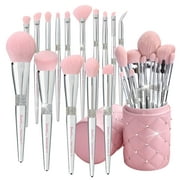 Bueart Design Elegant pink SE33Ultra soft labeled Makeup Brushes Sets with Brush Holder makeup brush set with Foundation Powder blush blending contour Brush (15Pcs Silver Pink+Holder)