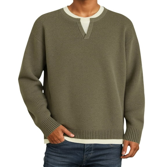 DHFJKG Men's 2 In 1 Sweater Pullover Long Sleeve Crewneck Knitted Sweater Outdoor Autumn Winter Soft Jumper Tops
