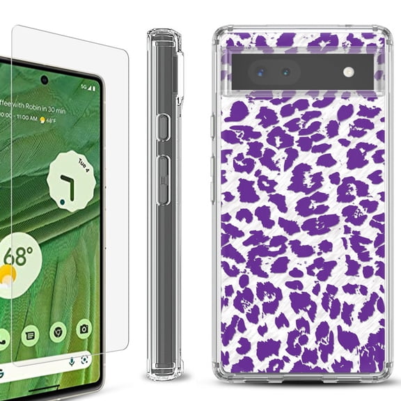 Shockproof Bumper Phone Case for Google Pixel 6a, with Tempered Glass Screen Protector, by OneToughShield ® - Cheetah Purple