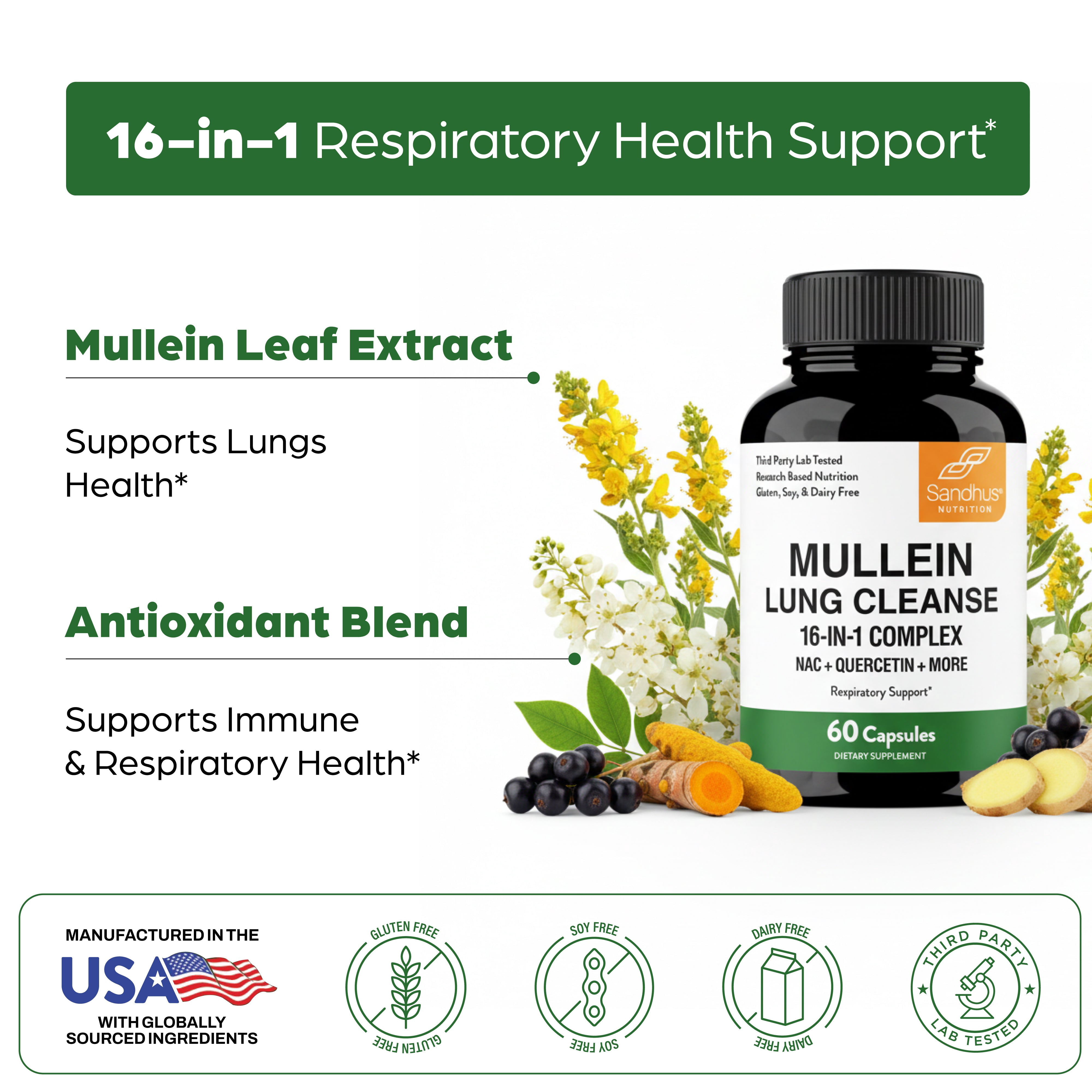 Sandhu's Mullein Capsules for Lungs with Quercetin | Mullein Leaf Extract Supplement for Immune, Lung & Respiratory Health Support | for Men & Women | 60 Count (Pack of 1)