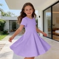 thumbnail image 2 of lnmuld Girls' Short Sleeve Rib Knit Solid Color Dress Toddler Kids Summer Casual Party Comfortable Outfit Color:Purple,Size:6-7 Years, 2 of 5