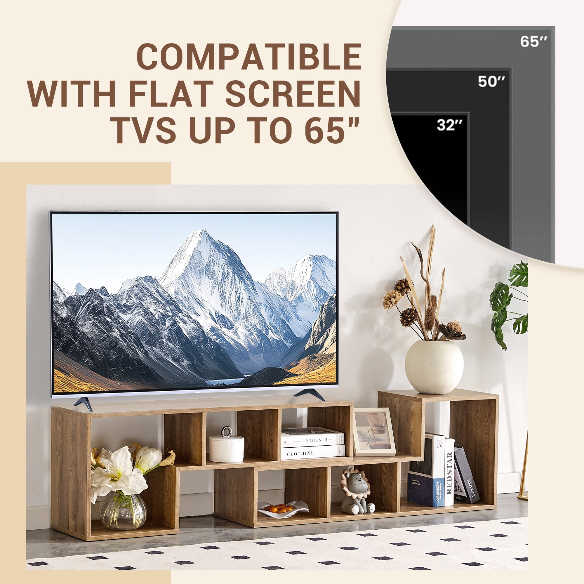 PAPROOS TV Stand for 65 Inch TV, Modular L Shaped TV Stand, Adjustable Entertainment Center with 6 Open Shelves, Wood Grain Media Console for Living Room Bedroom, Wood