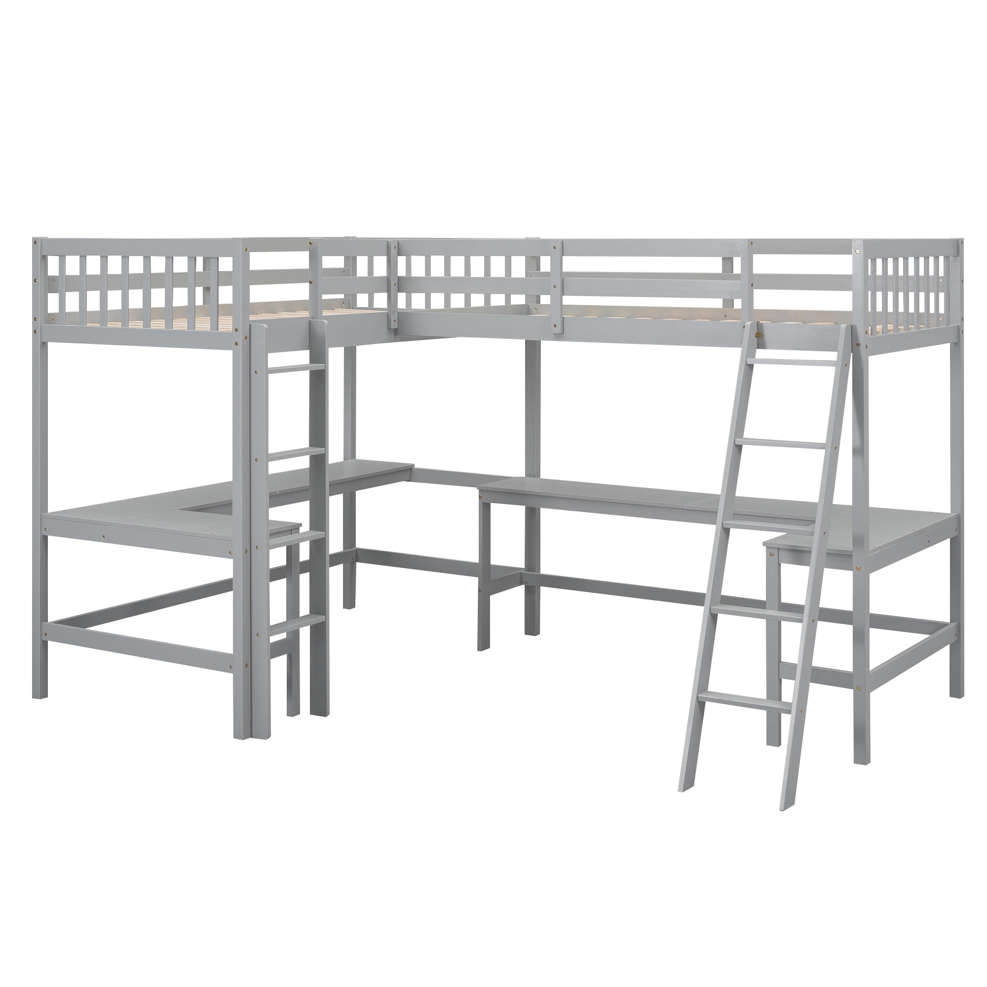 MAYEERTY Wood Twin Size L-Shaped Loft Bed with Ladder and 2 Built-in L-Shaped Desks, Gray