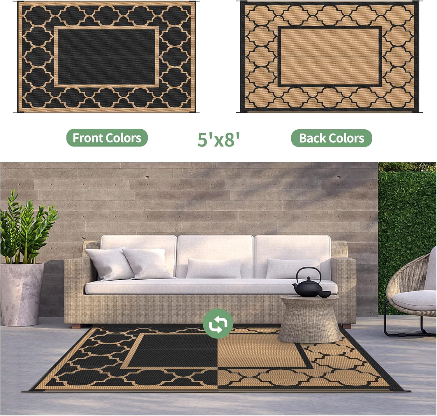 DEORAB 5'x8' Outdoor Rugs Waterproof Reversible Plastic Straw Patio Outside Carpet Camping RV Mat,Black & Brown