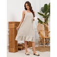 thumbnail image 5 of Fiophy 100% Linen Dress V Neck Pleated Button Front Sleeveless Wide Strap Summer Casual Ruffle Midi Summer Dresses, Flax,M, 5 of 9