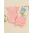 thumbnail image 3 of FEORJGP Infant Baby Girl Summer Outfits 3M 6M 12M 18M Newborn Round Neck Jumpsuit Buttons Eyelet Fly Sleeve Rompers Elastic Waist Shorts Toddler Cute Casual 2Pcs Solid Clothes Set, 3 of 8
