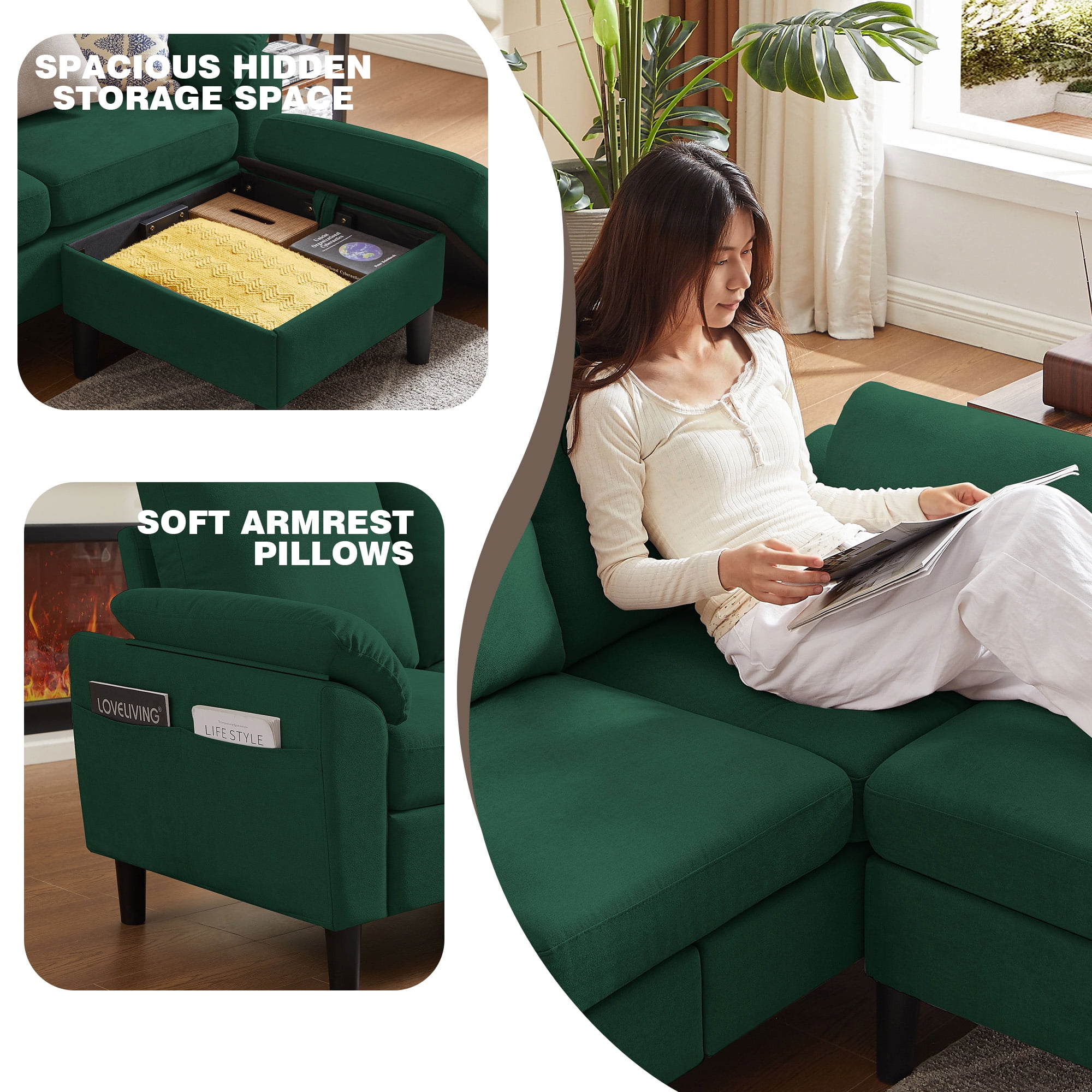 Pingliang Home Sectional Sofa Couch with Storage Ottoman and Loveseat,Modern 5 Seater Sofa Couch Set,L Shaped Couch with Footstool for Living Room Apartment Studio Office,Green