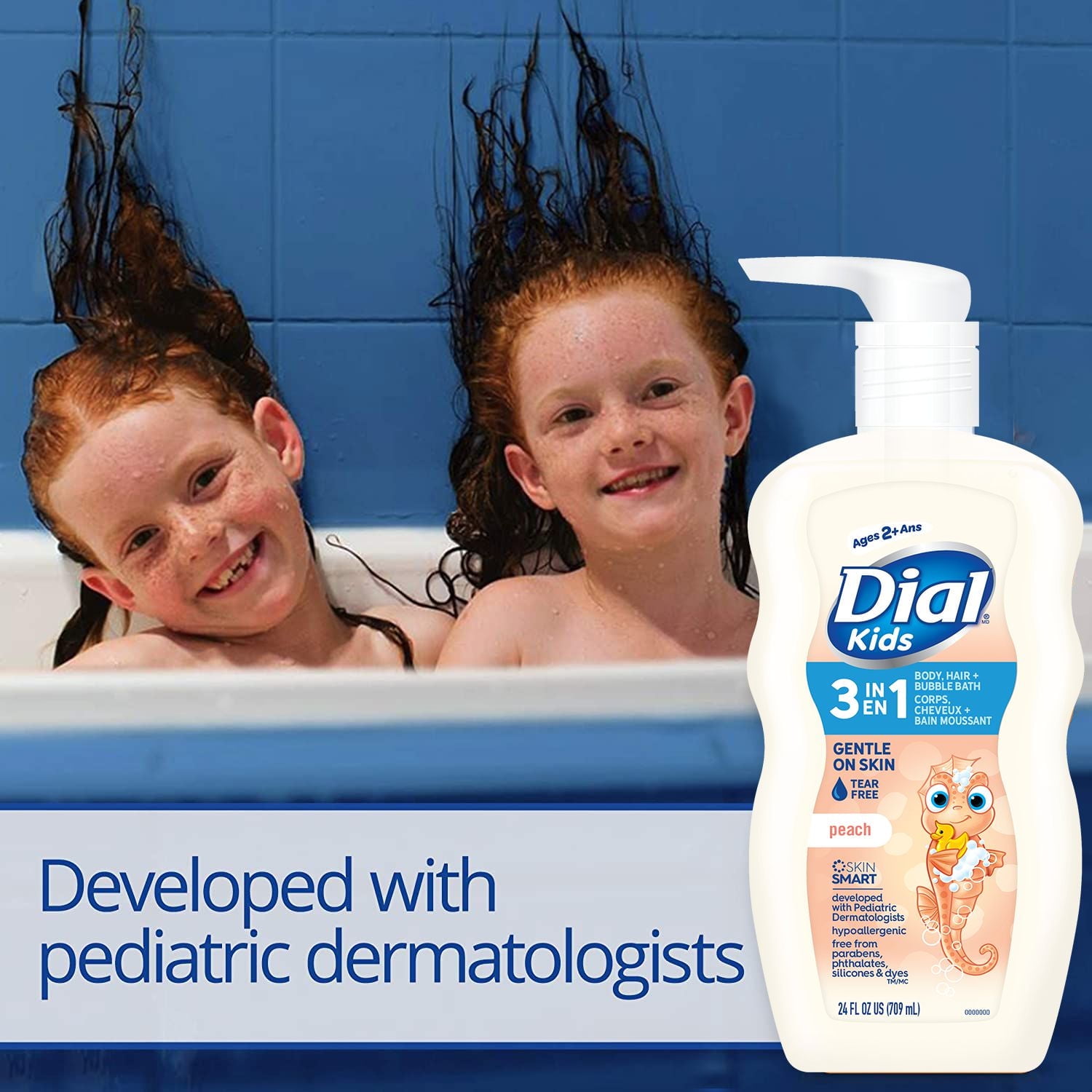 Dial Kids Peach 3IN1 Body, Hair + Bubble Bath, 709mL, Dial Kids Body Wash Peach