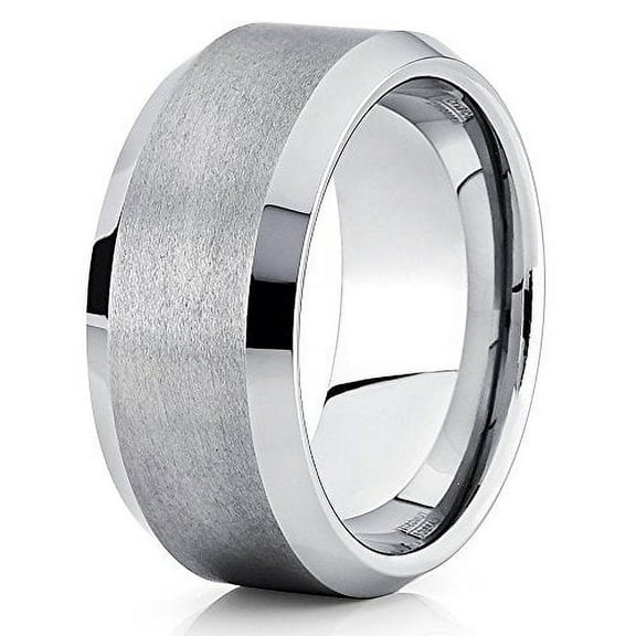 Silly Kings 10mm Silver Tungsten Carbide Wedding Band Handmade Brushed Beveled Edge Ring Comfort Fit Mens 7.5