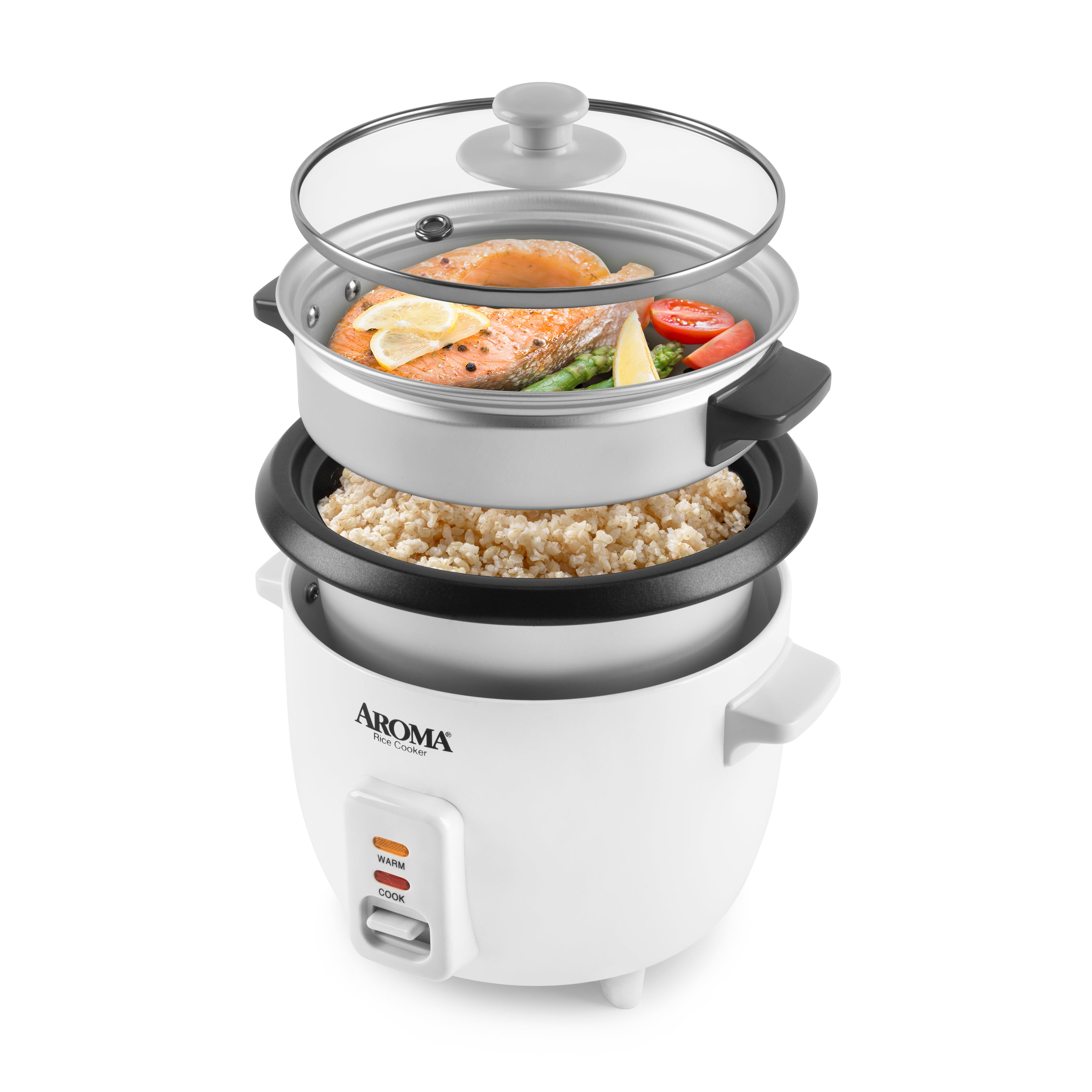 Aroma Rice Cooker 6 Cup Non-Stick Pot Style White, 3 Piece