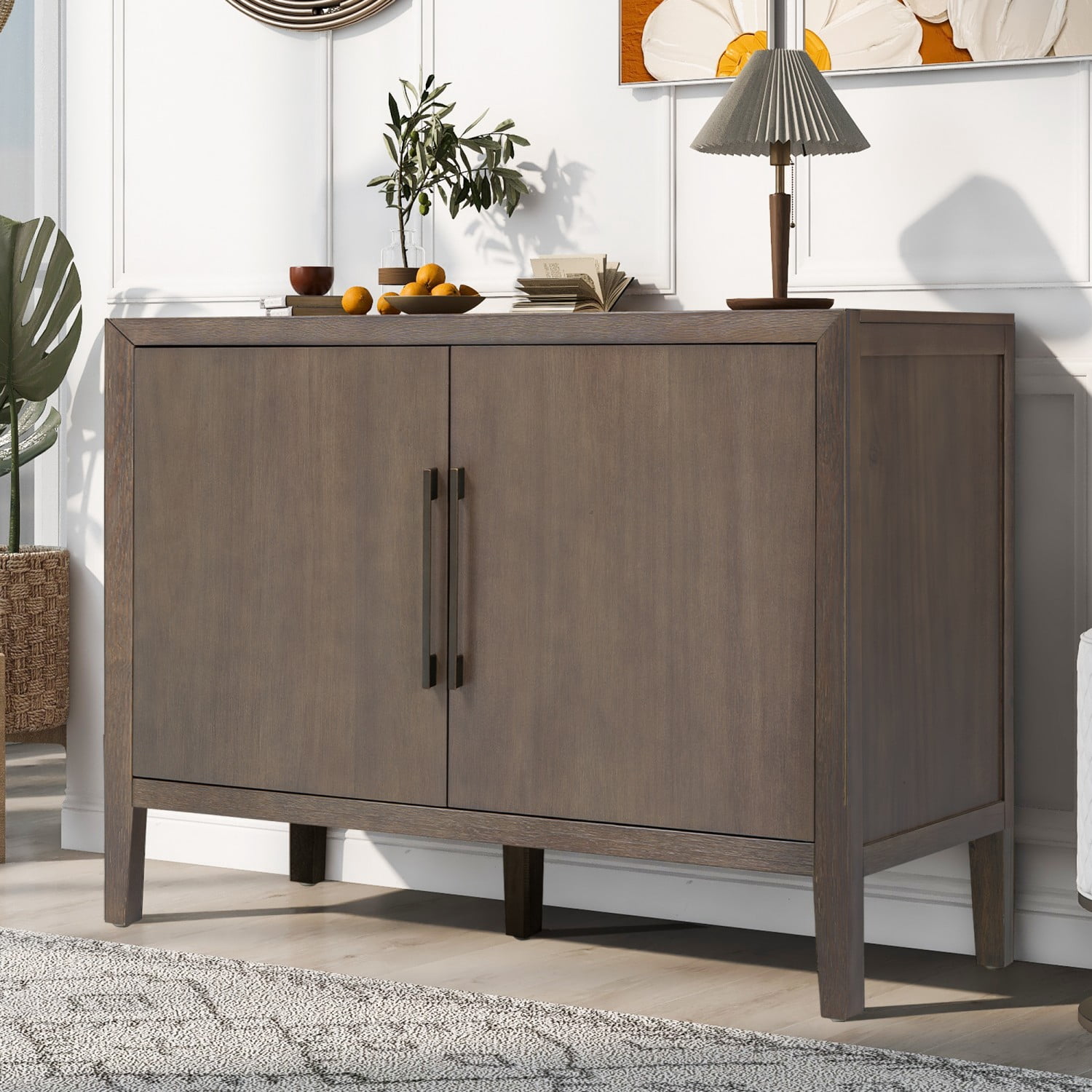 47.25" Farmhouse Sideboard Buffet Cabinet with Storage, 2 Door Wooden Coffee Bar Cabinet with Pine Veneer and Metal Handles for Kitchen, Living Room, Entryway, Brown