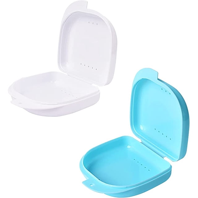 JM 2 aparatos ortopédicos invisibles (azul claro + blanco), contenedor de retención, caja para dentadura parcial, portátil y lindo, fácil de limpiar JM JM