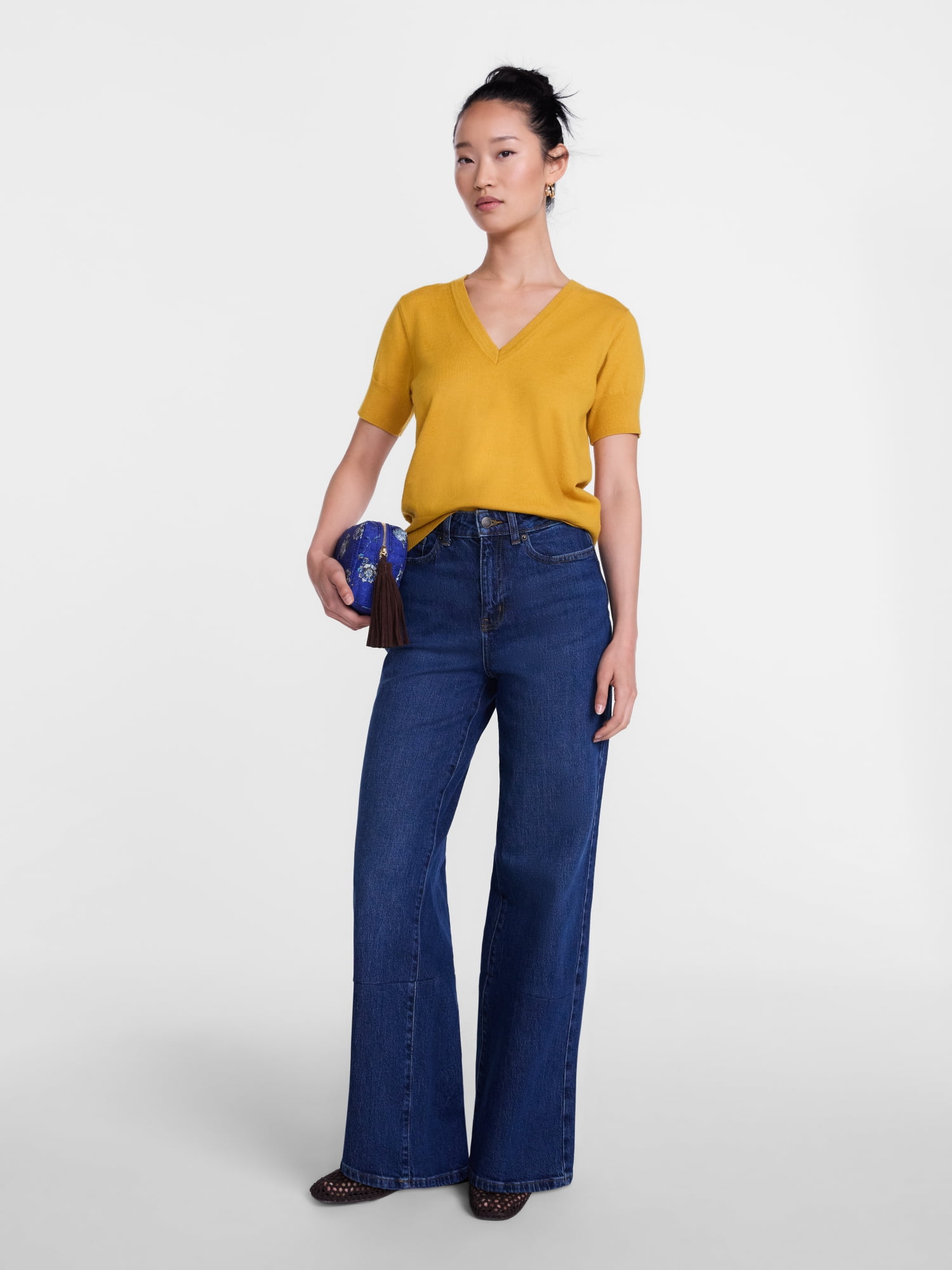 Scenario Women's V-Neck Lightweight Sweater with Short Sleeves, Sizes XS-XXXL