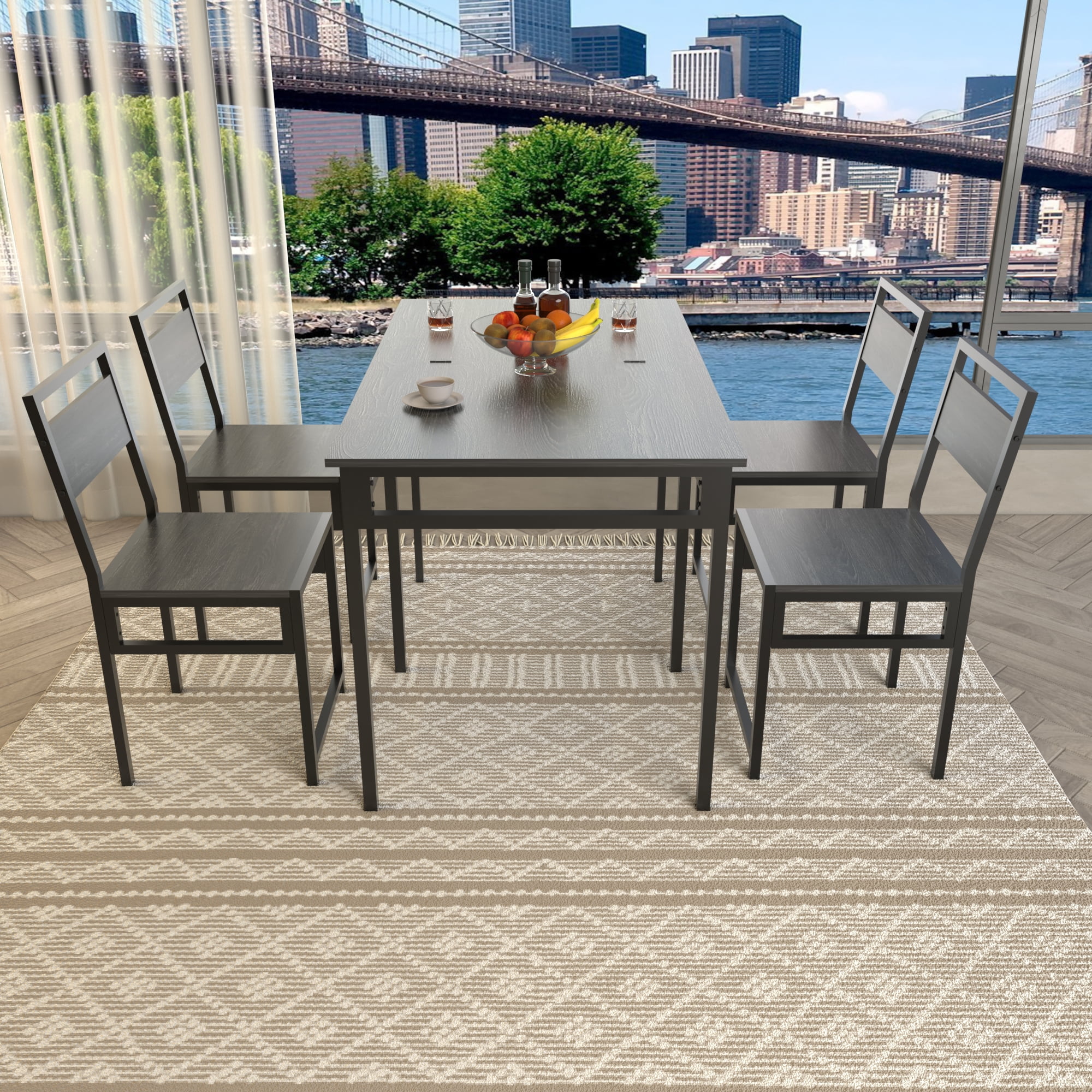 HOQBN Extendable Dining Table Set with 4 Chairs, Industrial Rectangular Kitchen Table,Wood Grain Metal Frame Space Saving Dinner Furniture for Small Family Apartment,Charcoal+Grey