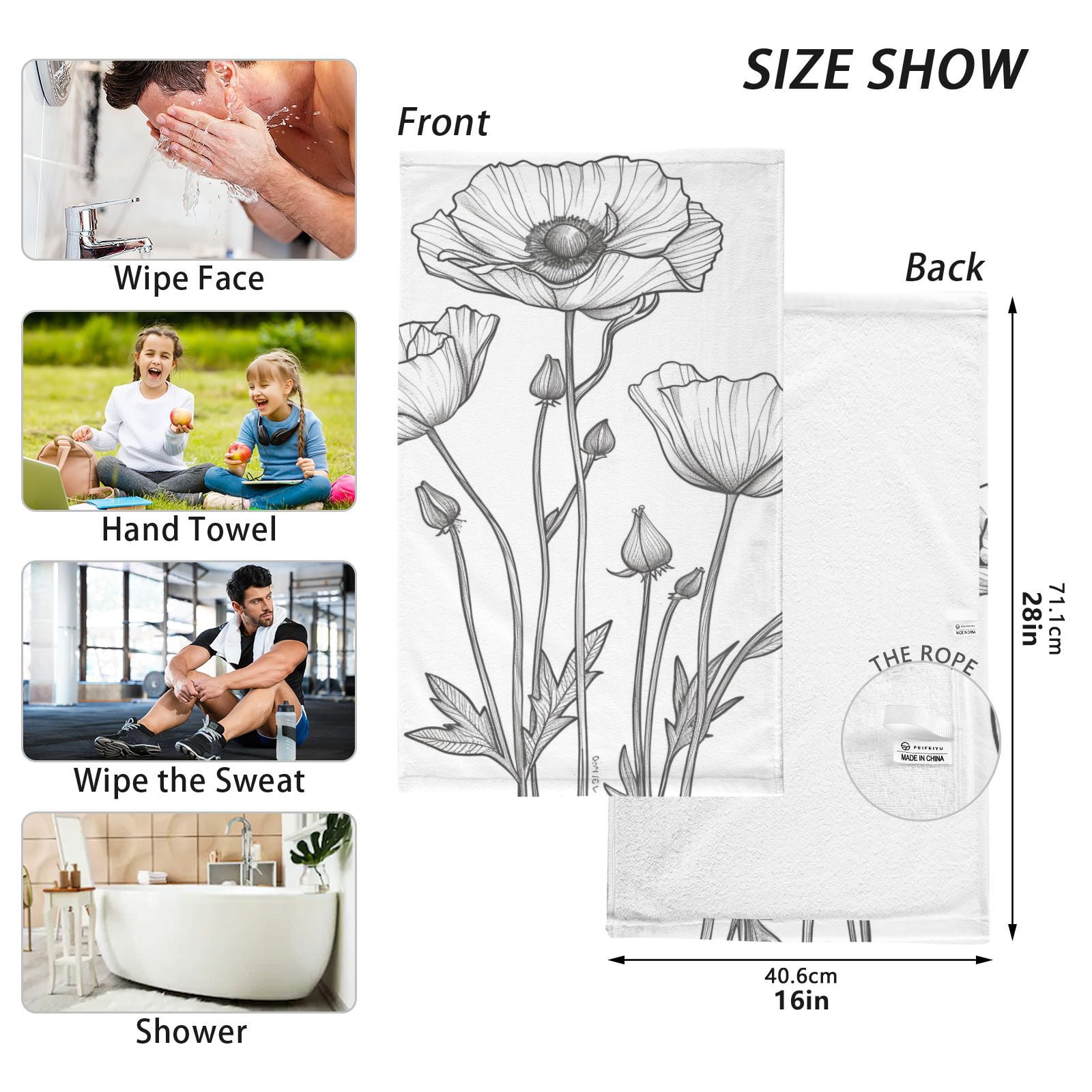 Black Line Flowers Hand Towels Cotton Bath Towels Large Face Towels Absorbent for Bathroom 2 Packs