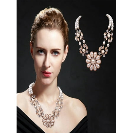 Pearl Necklace Choker - Women Crystal Pearl Flower Bib Choker Chunky Statement Collar Necklace Jewelry