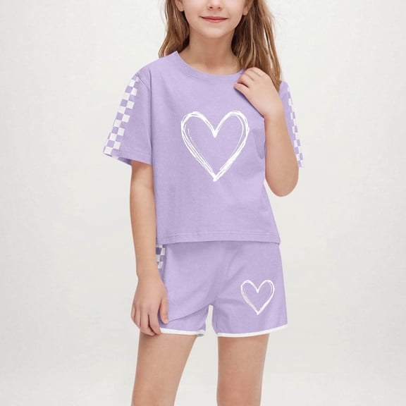 ITSAME Outfit Sets for Girls, Performance Crewneck Short Sleeve Print Top and Elastic Waist Shorts Summer Casual Comfortable Sets 2-Piece Purple 7T