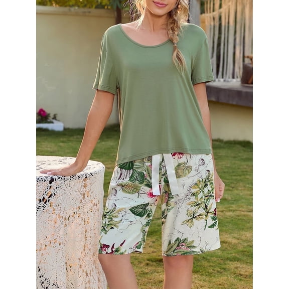 Loritta Lounge Sets for Women Summer Round Neck Short Pajama Bow Shorts with Printing Casual 2 Piece Womens Pjs Sets, S-2XL