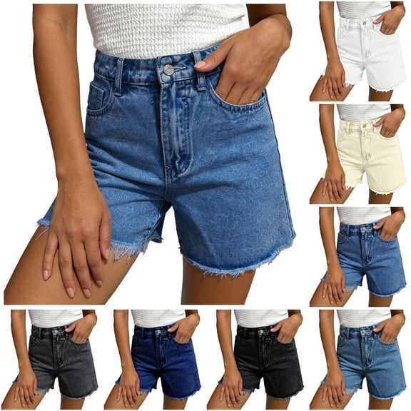 felwors Women's High Waist Beige Denim Shorts 2026 Trendy Raw Hem Stretchy Casual Shorts for Daily Vacation Wear（Grey， L）