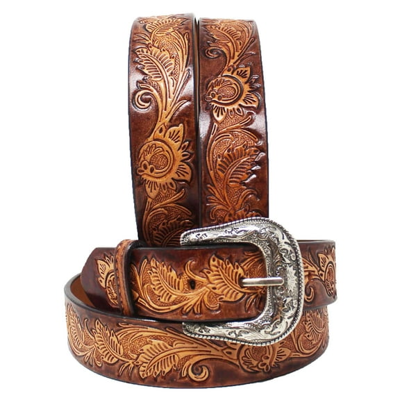 34  1-1/2" Wide Western Cowboy Antique Floral Tooled Full-Grain Leather Belt 2675RS