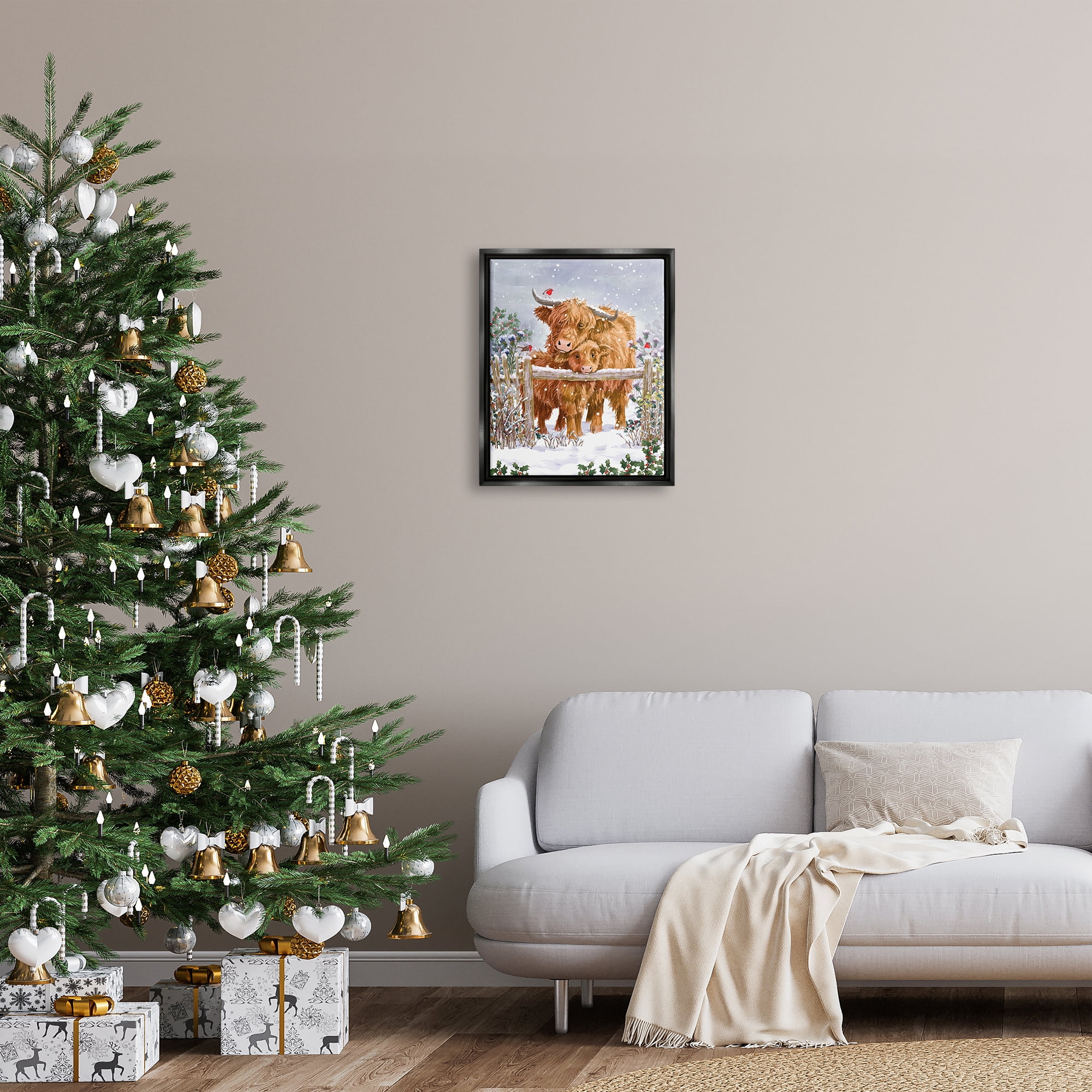 Stupell Industries Winter Cattle Cuddling Snow Scene Holiday Painting Black Floater Framed Art Print Wall Art