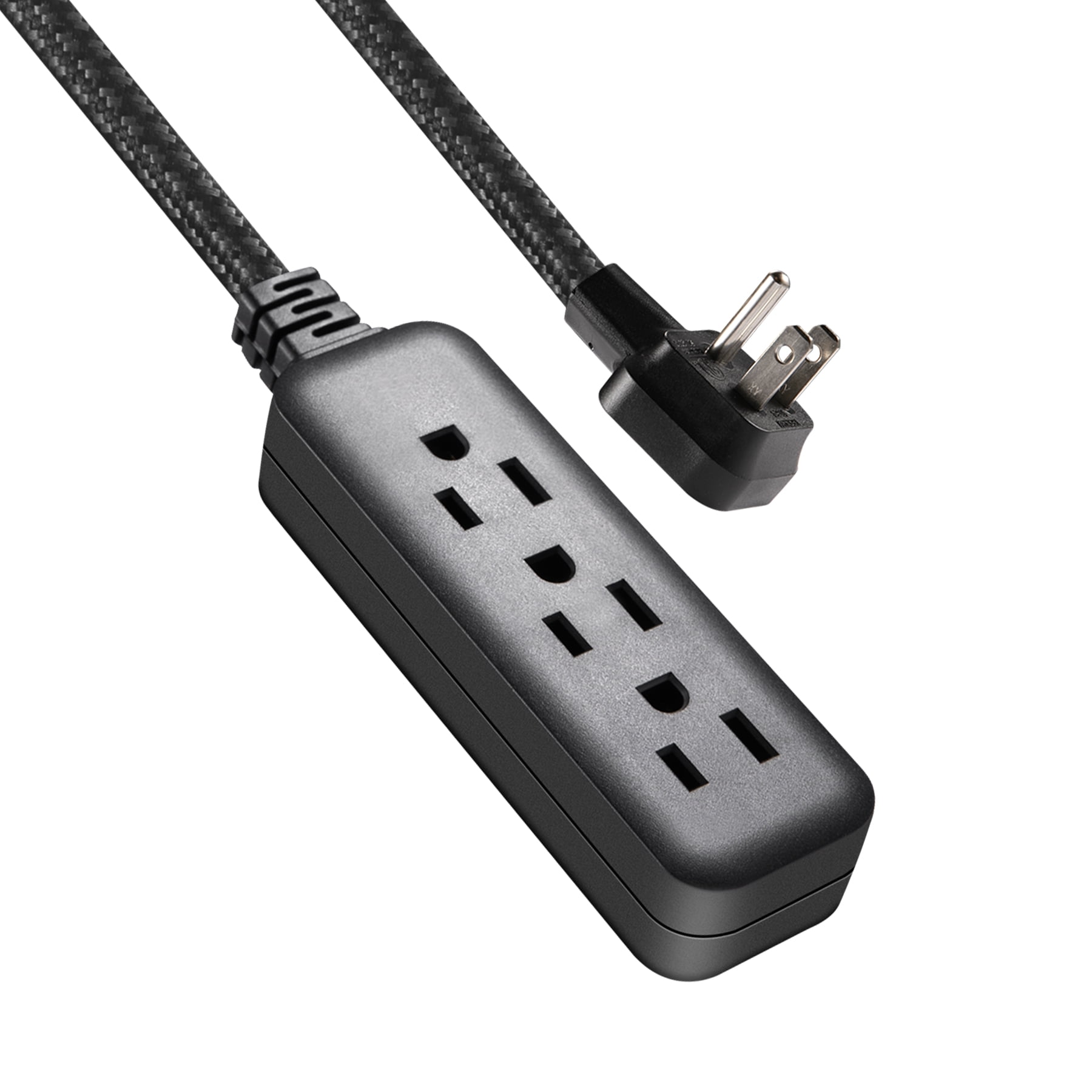 (3 pack) Hyper Tough Flat Plug Extension Cord, 2 ft Braided Cord, 3 Outlets, 3 Prong Grounded, Indoor, Black