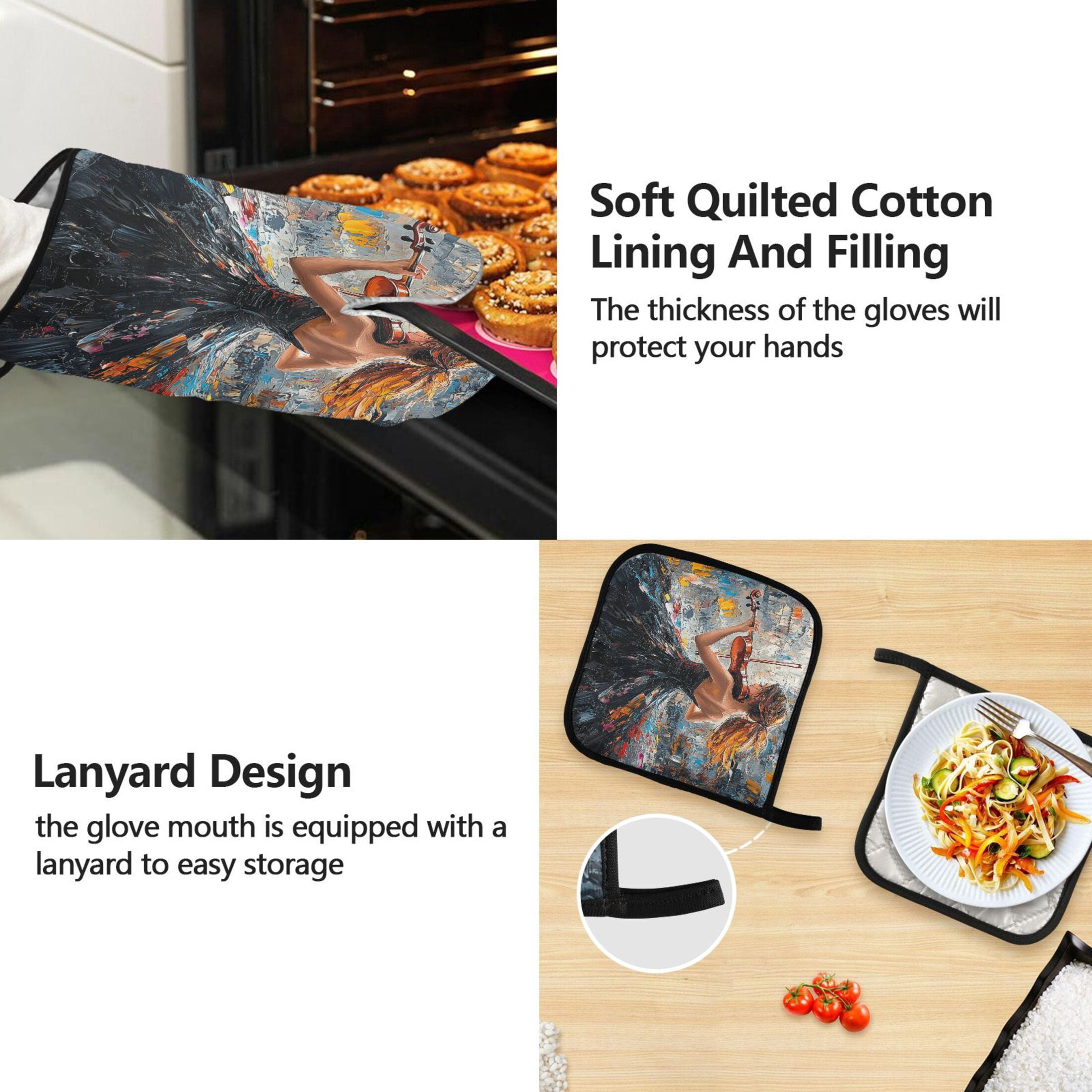 Elegant Woman Play Violin 5 Pcs Kitchen Set Heat Resistant Oven Mitts and Non-Slip Pot Holders with Adjustable Cooking Apron