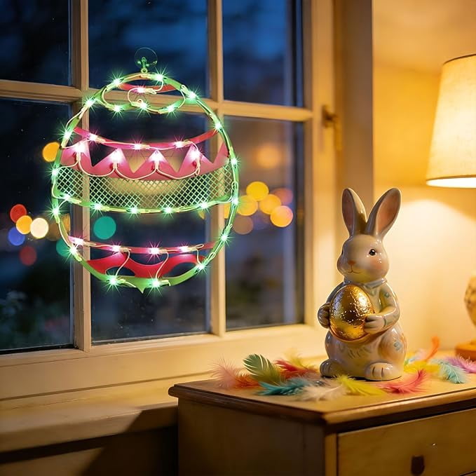 17 Inch Lighted Easter Egg Window Silhouette, Green Base with Pink Chevron Stripes