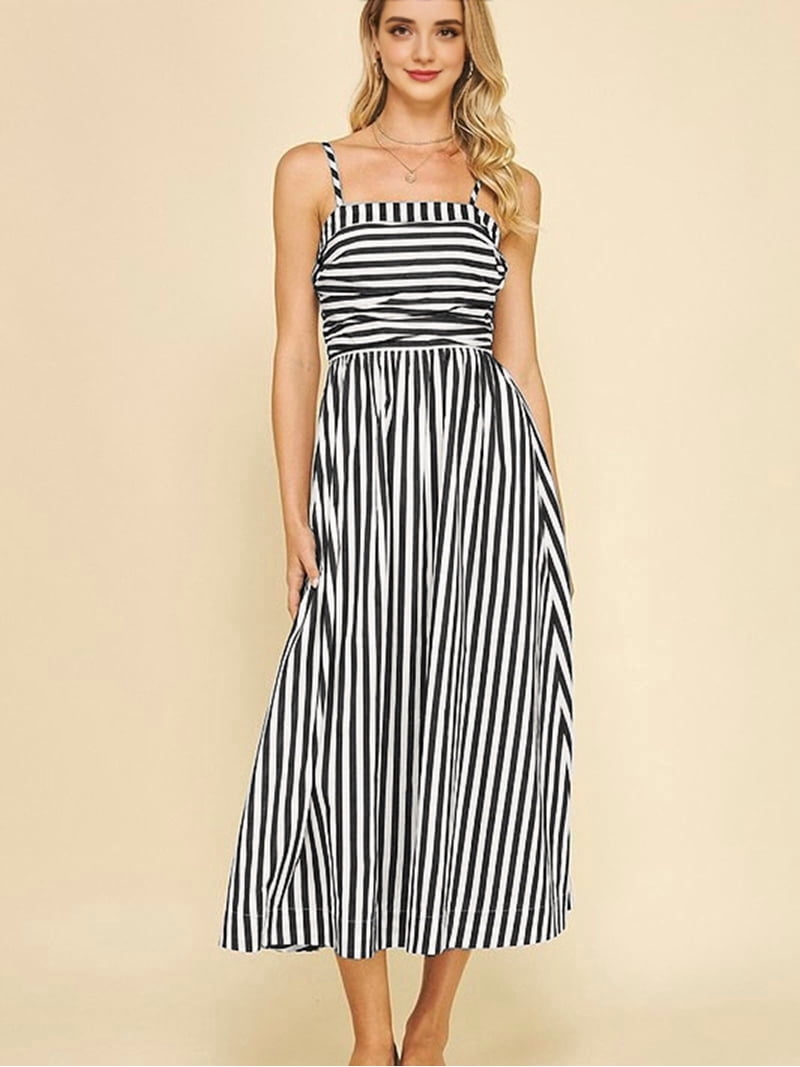 striped flowy maxi dress Summer Dresses for Women Beach Maxi Dress Spaghetti Strap Striped Boho A  Line Wedding Guest Flowy Long Dress Brown L